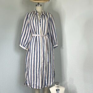 Trovata Birds of Paradis Blue and White Striped Curved Hem Midi Shirt Dress